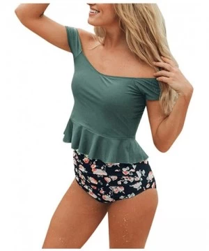 Bottoms Women Two Piece Swimsuit High Waisted Off Shoulder Ruffled Bikini Tankini Bathing Suits Set - Army Green - CB194ATGW2L