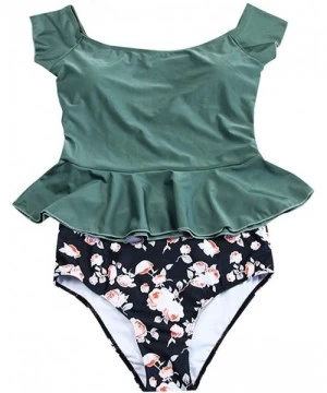 Bottoms Women Two Piece Swimsuit High Waisted Off Shoulder Ruffled Bikini Tankini Bathing Suits Set - Army Green - CB194ATGW2L