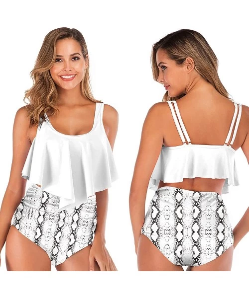 Sets Bikini for Women High Waisted Swimsuits Tummy Control Two Piece Ruffled Top Bathing Suits - White-snake - CX18UH9OO9S