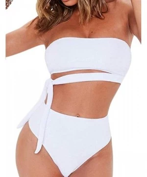 Sets High Waisted Two Piece Bikini Set Crop Top Tie Bathing Suits High Cut Bandeau Swimsuit for Women - White Swimsuit - CG19...