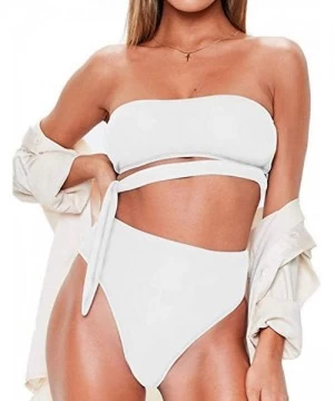 Sets High Waisted Two Piece Bikini Set Crop Top Tie Bathing Suits High Cut Bandeau Swimsuit for Women - White Swimsuit - CG19...