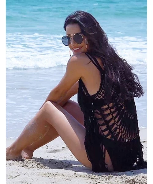 Cover-Ups Women Crochet Cover Up Sexy Lace Bathing Suit Tassel Bikini Swimwear Summer Beach Dress - Black - CP195H357EZ