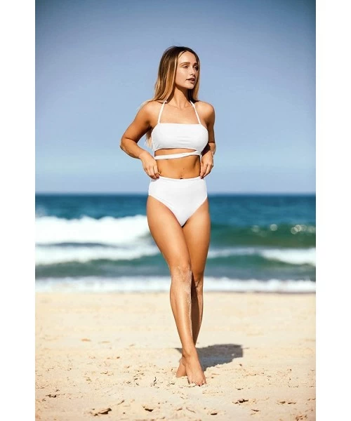 Sets High Waisted Two Piece Bikini Set Crop Top Tie Bathing Suits High Cut Bandeau Swimsuit for Women - White Swimsuit - CG19...