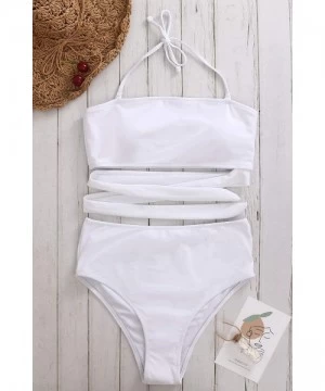 Sets High Waisted Two Piece Bikini Set Crop Top Tie Bathing Suits High Cut Bandeau Swimsuit for Women - White Swimsuit - CG19...