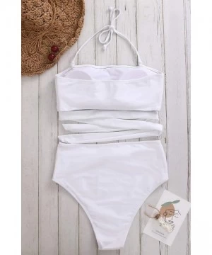 Sets High Waisted Two Piece Bikini Set Crop Top Tie Bathing Suits High Cut Bandeau Swimsuit for Women - White Swimsuit - CG19...