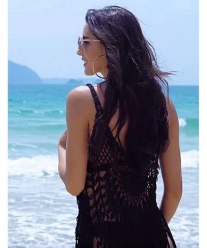 Cover-Ups Women Crochet Cover Up Sexy Lace Bathing Suit Tassel Bikini Swimwear Summer Beach Dress - Black - CP195H357EZ