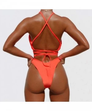 One-Pieces Women One Piece Shiny Cloth High Neck Keyhole Monokini Criss Cross Swimsuit Tummy Control Swimwear - Orange - CM19...