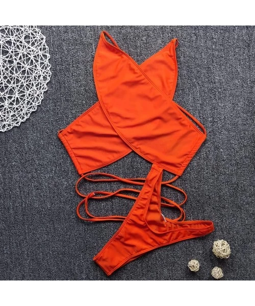 One-Pieces Women One Piece Shiny Cloth High Neck Keyhole Monokini Criss Cross Swimsuit Tummy Control Swimwear - Orange - CM19...