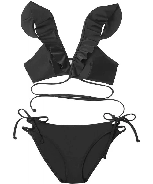 Sets Women's Ruffle V Neck Bikini Bathing Suits - Black - CB18LMUG6TZ