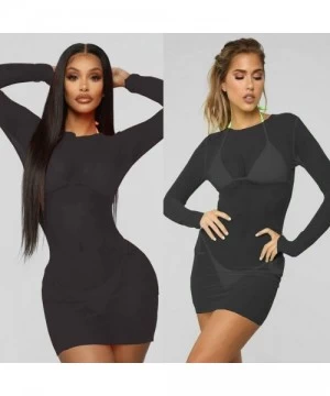 Cover-Ups Women's Sexy Sheer Mesh Long Sleeve Beach Cover up Short Dress - Black - CN19D8N9M5A