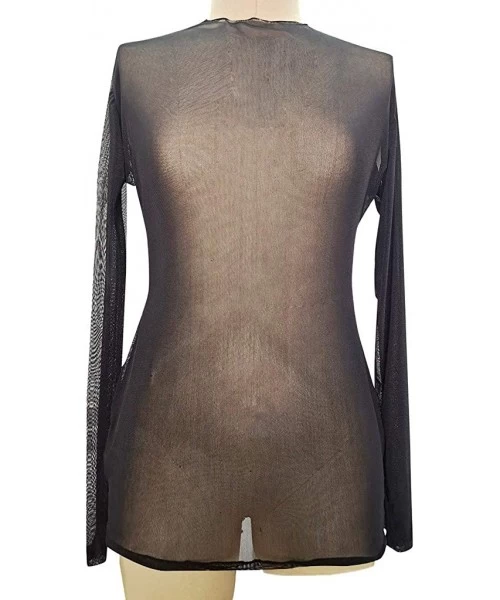 Cover-Ups Women's Sexy Sheer Mesh Long Sleeve Beach Cover up Short Dress - Black - CN19D8N9M5A