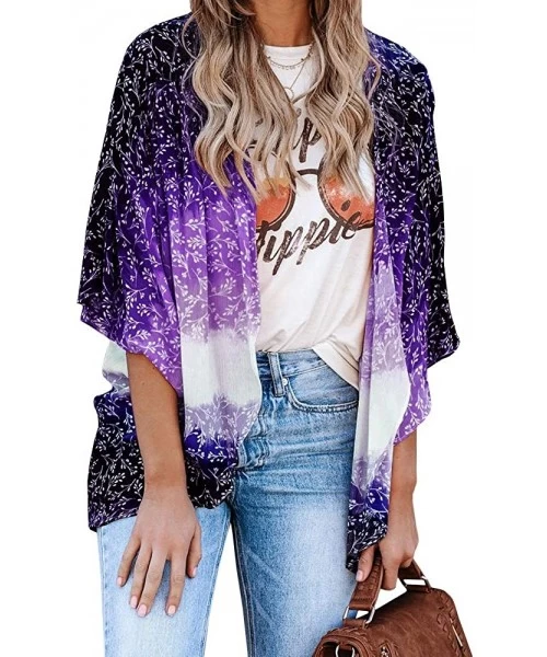 Cover-Ups Womens Floral Kimono Cardigans 3/4 Sleeve Gradient Color Block Beach Cover Up Swimsuit - Purple - CL197Y4AUAM