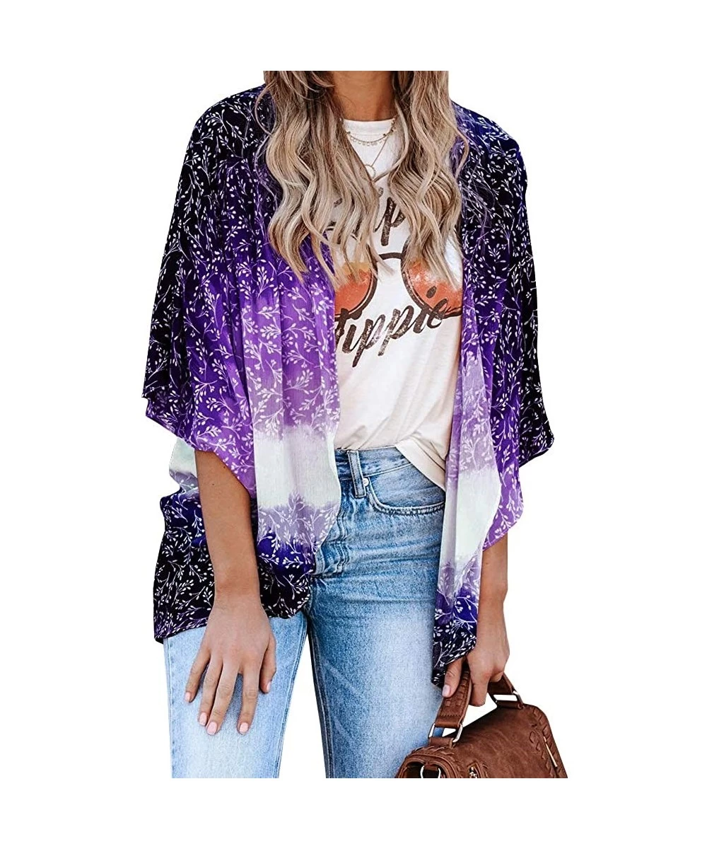 Cover-Ups Womens Floral Kimono Cardigans 3/4 Sleeve Gradient Color Block Beach Cover Up Swimsuit - Purple - CL197Y4AUAM