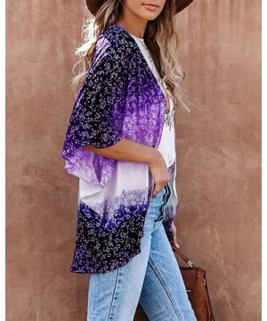 Cover-Ups Womens Floral Kimono Cardigans 3/4 Sleeve Gradient Color Block Beach Cover Up Swimsuit - Purple - CL197Y4AUAM