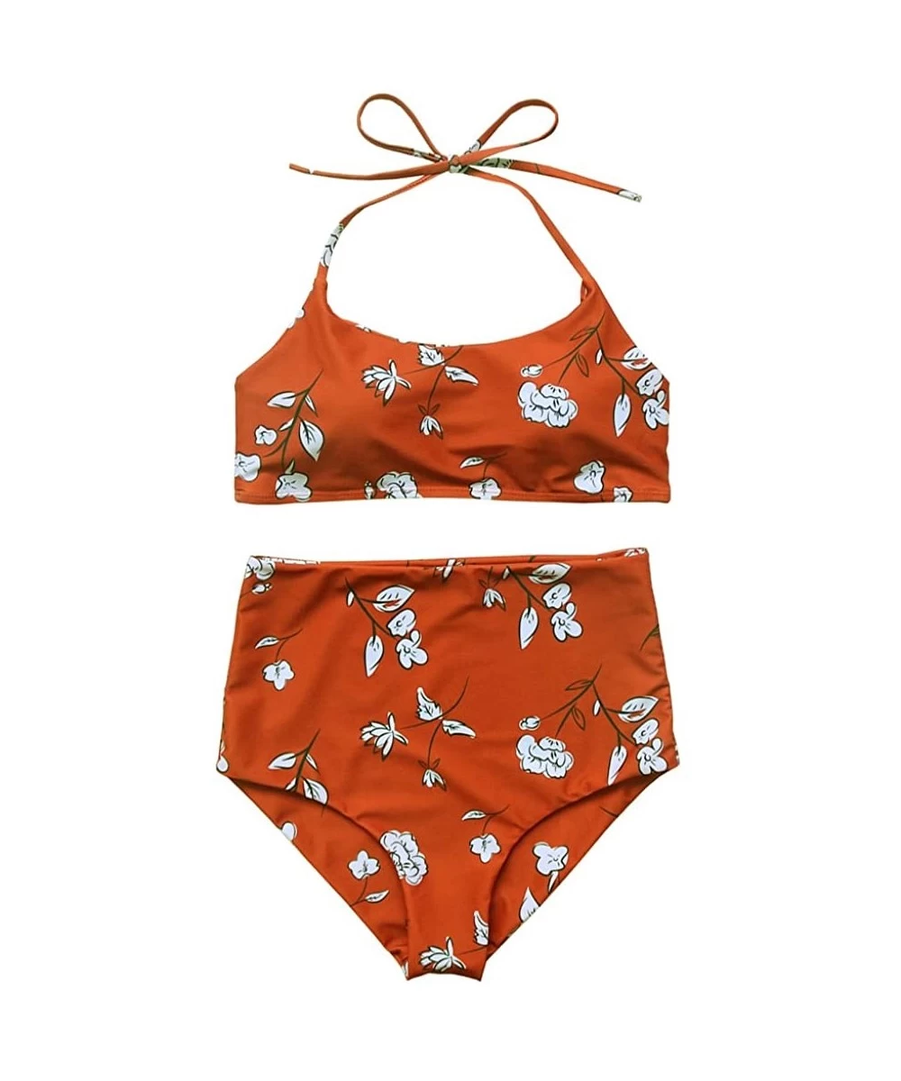 Sets Women's Vintage Floral Print Push Up High Waisted Bikini Set Bathing Suit - Red - CR189X70M6Y