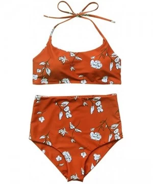 Sets Women's Vintage Floral Print Push Up High Waisted Bikini Set Bathing Suit - Red - CR189X70M6Y