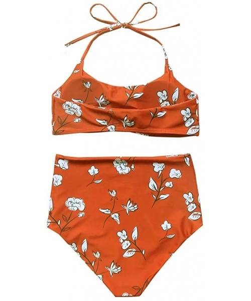 Sets Women's Vintage Floral Print Push Up High Waisted Bikini Set Bathing Suit - Red - CR189X70M6Y