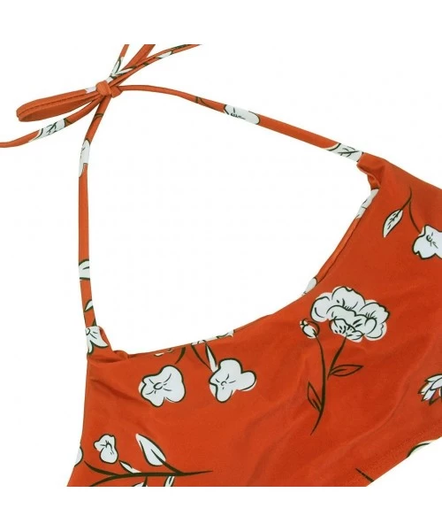 Sets Women's Vintage Floral Print Push Up High Waisted Bikini Set Bathing Suit - Red - CR189X70M6Y