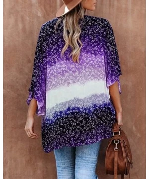 Cover-Ups Womens Floral Kimono Cardigans 3/4 Sleeve Gradient Color Block Beach Cover Up Swimsuit - Purple - CL197Y4AUAM