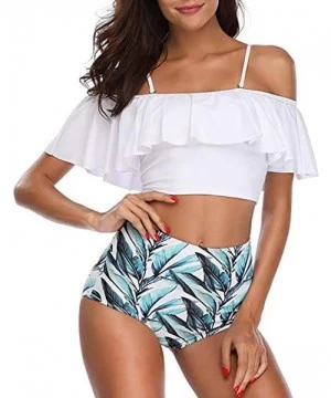 Sets Beachwear for Women Lady with High Waisted Bottom Bikini Two Pieces Bathing Suits Top Ruffled Tankini Swimwear White - C...