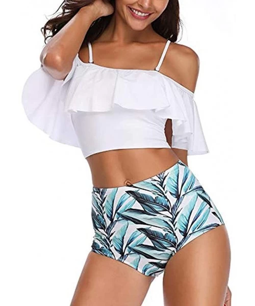 Sets Beachwear for Women Lady with High Waisted Bottom Bikini Two Pieces Bathing Suits Top Ruffled Tankini Swimwear White - C...