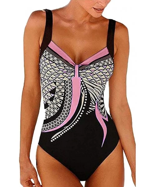 Bottoms Women One Piece Retro Swimsuit Ruched V-Neck Tummy Control Swimwear Printed Bathing Suits - Pink - CV1922ZRGTS