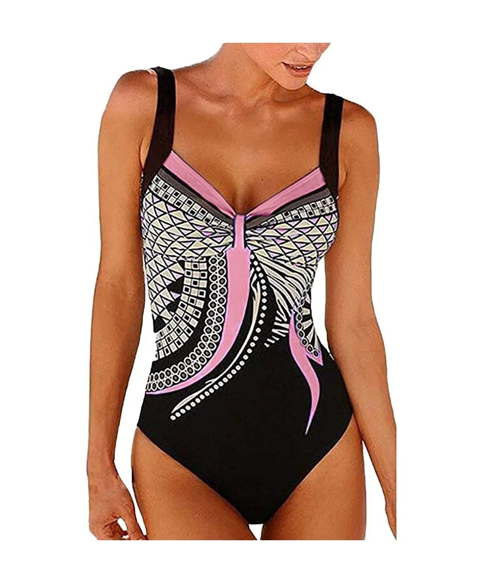 Bottoms Women One Piece Retro Swimsuit Ruched V-Neck Tummy Control Swimwear Printed Bathing Suits - Pink - CV1922ZRGTS