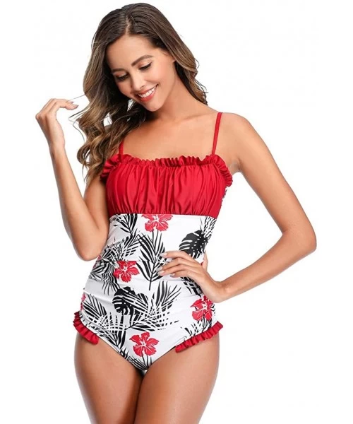 One-Pieces Womens Sexy One Piece Ruffle Halter Floral Print Swimsuit Bodysuit Swimwear Fashion Bikini Monokini - Red - CY1945...