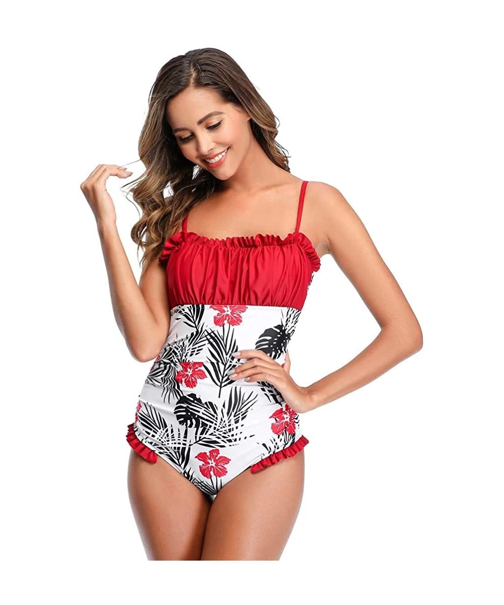 One-Pieces Womens Sexy One Piece Ruffle Halter Floral Print Swimsuit Bodysuit Swimwear Fashion Bikini Monokini - Red - CY1945...