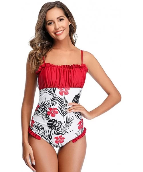 One-Pieces Womens Sexy One Piece Ruffle Halter Floral Print Swimsuit Bodysuit Swimwear Fashion Bikini Monokini - Red - CY1945...