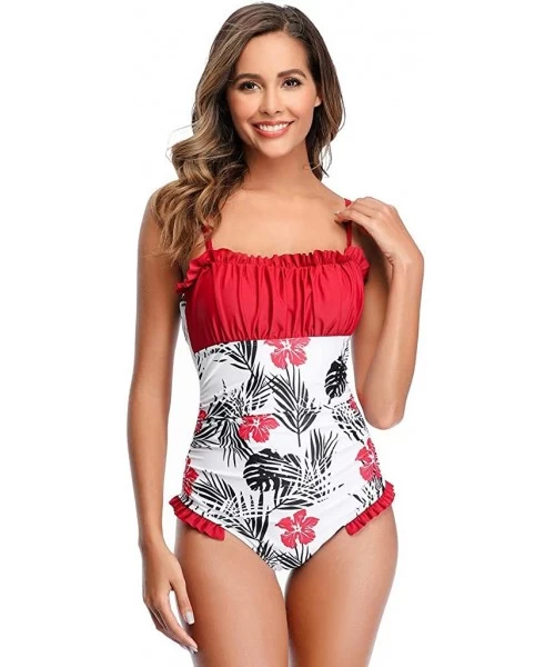 One-Pieces Womens Sexy One Piece Ruffle Halter Floral Print Swimsuit Bodysuit Swimwear Fashion Bikini Monokini - Red - CY1945...