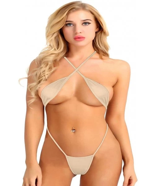 One-Pieces Women's Sling Shot Mini Micro Bikini One-Piece Teddy Swimsuit Criss Cross Bodysuit Swimwear - Nude - C818L2CQXZ5