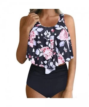 Sets Women Swimwear Two Piece Bathing Suit Ruffles Top Scoop Neck High --- Waisted Bottom Ruched Tropical Plant Printed - Bla...