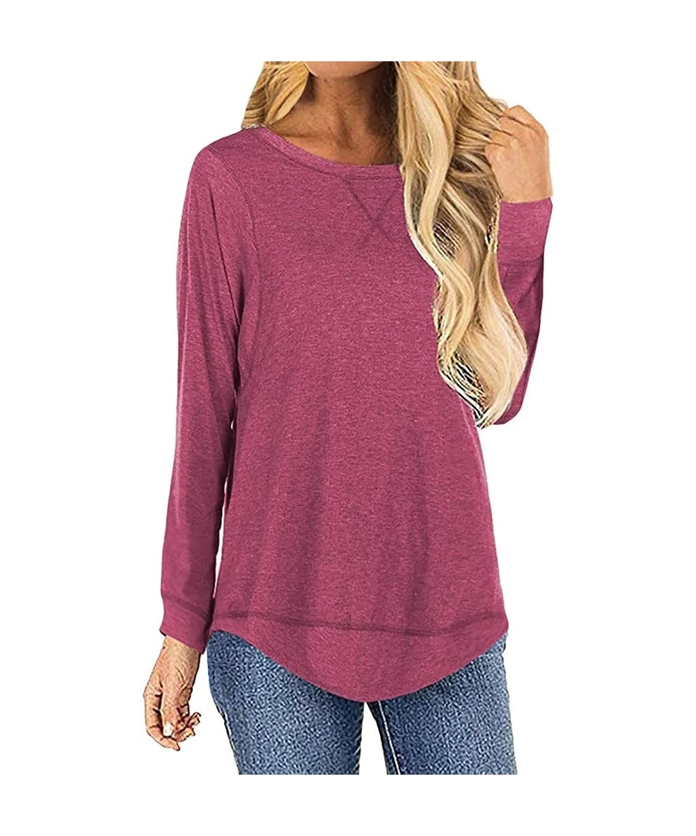 Tops Women's Casual T Shirt Long Sleeve Loose Tunic Round Neck Blouses Shirt Tops S-XXL - Hot Pink - CY1953U025E