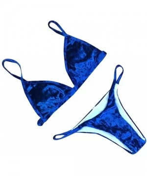 Sets Womens Deep V Triangle Bikini Set Two Piece Ladies Three Point Solid Color Velvet Sling Bathing Suit Swimsuit Blue - CP1...