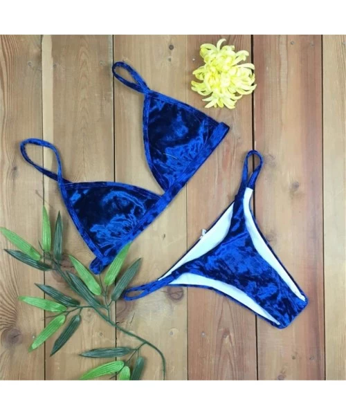 Sets Womens Deep V Triangle Bikini Set Two Piece Ladies Three Point Solid Color Velvet Sling Bathing Suit Swimsuit Blue - CP1...