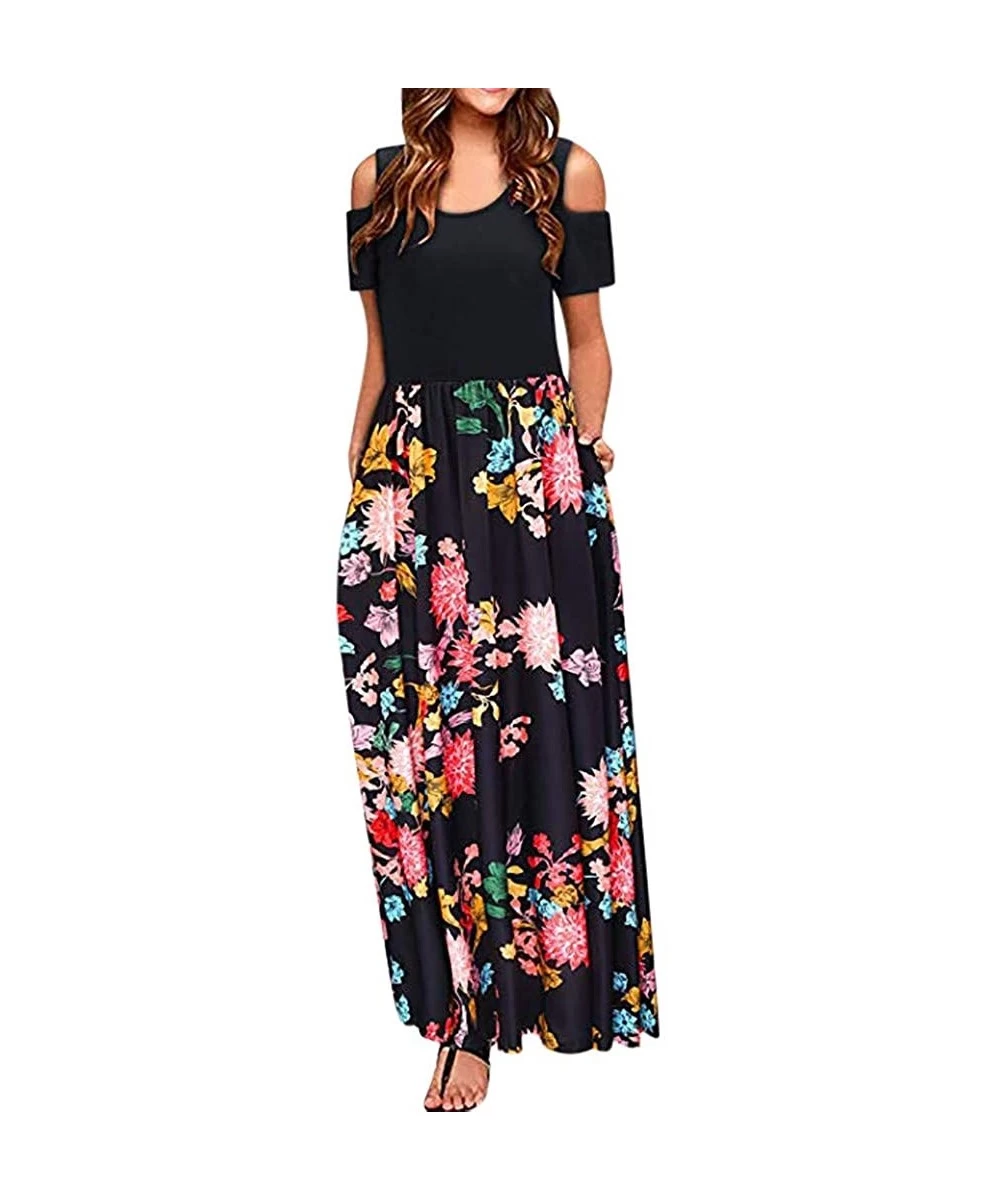 Racing Women Casual Dresses Womens Elegant O Neck Floral Printed Maxi Dress Short Sleeve Cocktail Party Long Dress Black - C5...