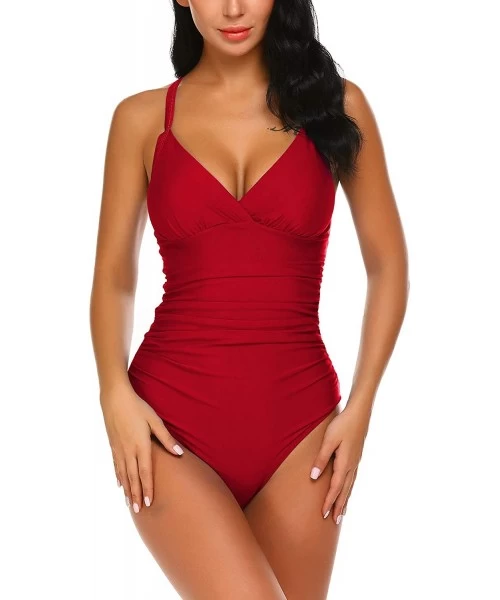 Tankinis Women's Ruffle Flounce Printed/Solid One Piece Monokini Swimsuits Tummy Control V Neck Bathing Suits(S XXL) Red3 - C...