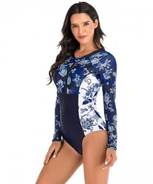 Rash Guards Women's One Piece Rash Guard Swimsuit Long Sleeve Sun Protection Printed Swimwear Bathing Suit Blue Floral Printe...