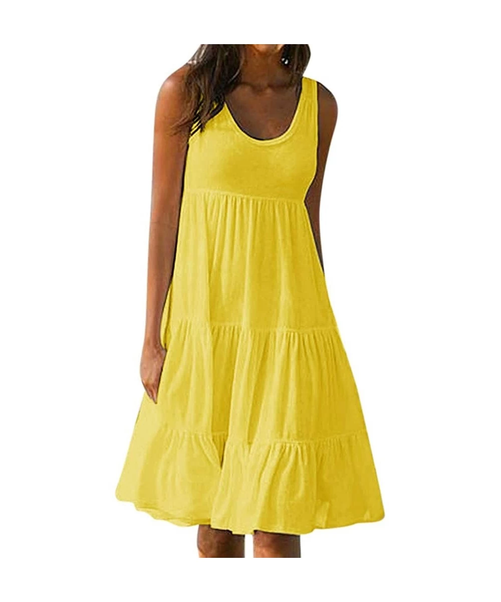 Cover-Ups Women's Holiday Summer Casual Solid Color Sleeveless Dress Party Beach Dress Dress - C3-yellow - C5195HSXR63