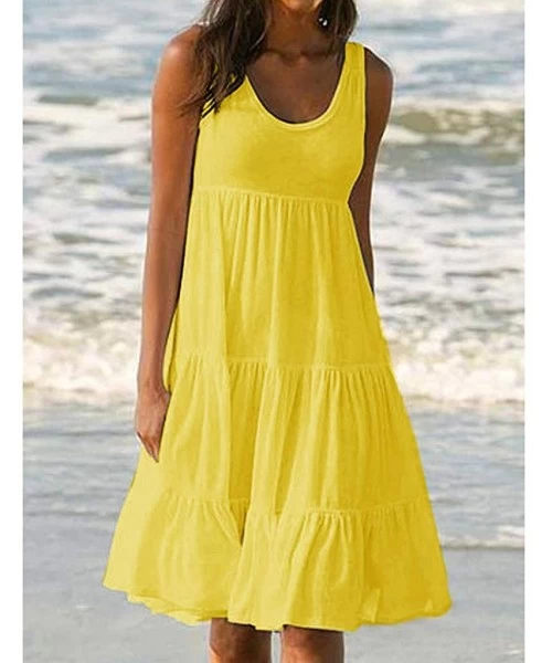 Cover-Ups Women's Holiday Summer Casual Solid Color Sleeveless Dress Party Beach Dress Dress - C3-yellow - C5195HSXR63