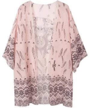 Cover-Ups Women's Sleeve Floral Chiffon Kimono Cardigan Blouse - Pink - CN12GIZ7V59