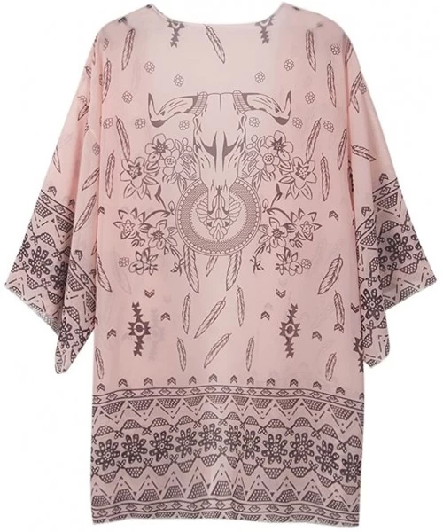 Cover-Ups Women's Sleeve Floral Chiffon Kimono Cardigan Blouse - Pink - CN12GIZ7V59