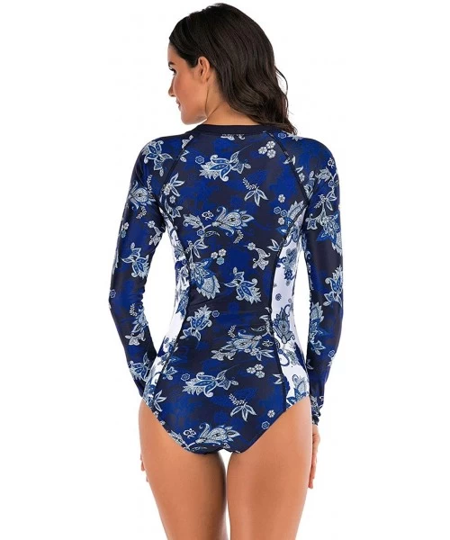 Rash Guards Women's One Piece Rash Guard Swimsuit Long Sleeve Sun Protection Printed Swimwear Bathing Suit Blue Floral Printe...