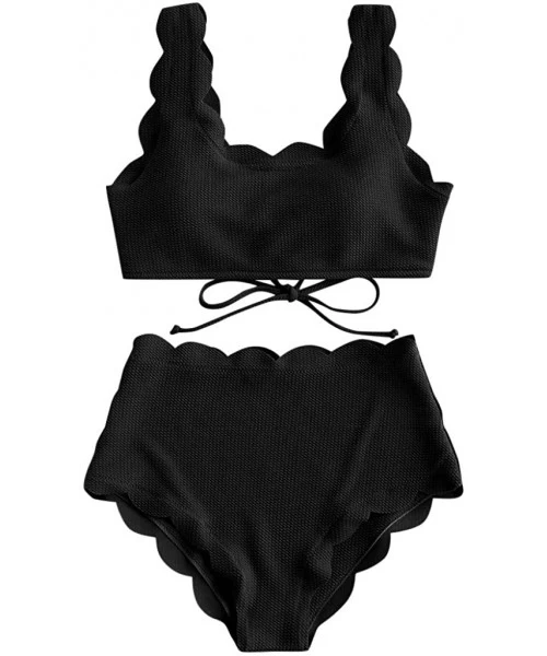 Sets Women's Scalloped Two Piece Swimwear High Waisted Wide Strap Adjustable Back Lace-up Bikini Set Swimsuit - Black - C1194...