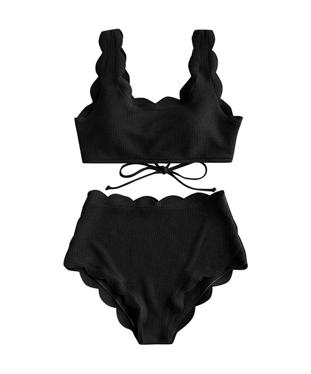 Sets Women's Scalloped Two Piece Swimwear High Waisted Wide Strap Adjustable Back Lace-up Bikini Set Swimsuit - Black - C1194...