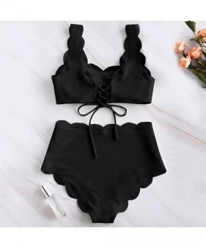 Sets Women's Scalloped Two Piece Swimwear High Waisted Wide Strap Adjustable Back Lace-up Bikini Set Swimsuit - Black - C1194...