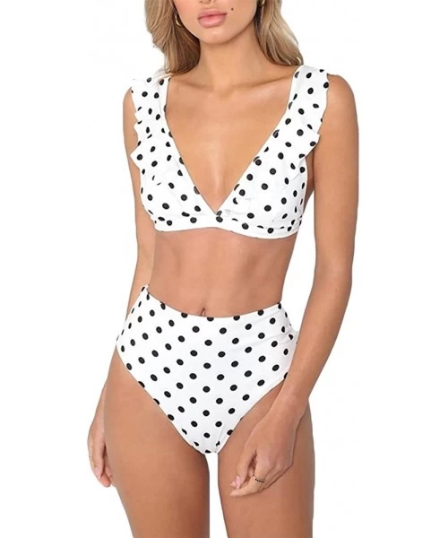 Sets Women's Retro Polka Dot Ruffled Two Pieces Swimsuits High Waisted Bikini Sets Swimwear - White - CS18CU46MYO