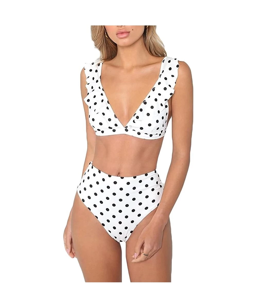 Sets Women's Retro Polka Dot Ruffled Two Pieces Swimsuits High Waisted Bikini Sets Swimwear - White - CS18CU46MYO