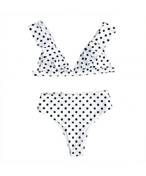 Sets Women's Retro Polka Dot Ruffled Two Pieces Swimsuits High Waisted Bikini Sets Swimwear - White - CS18CU46MYO